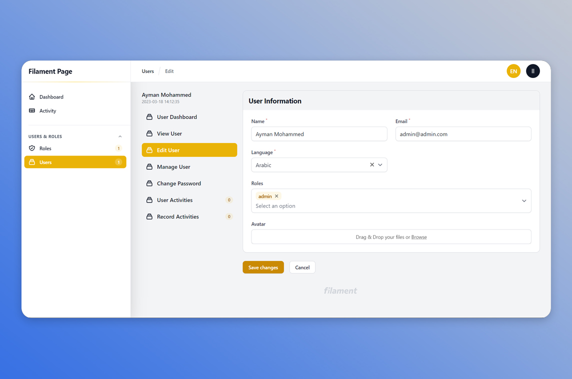 Filament Page with Sidebar