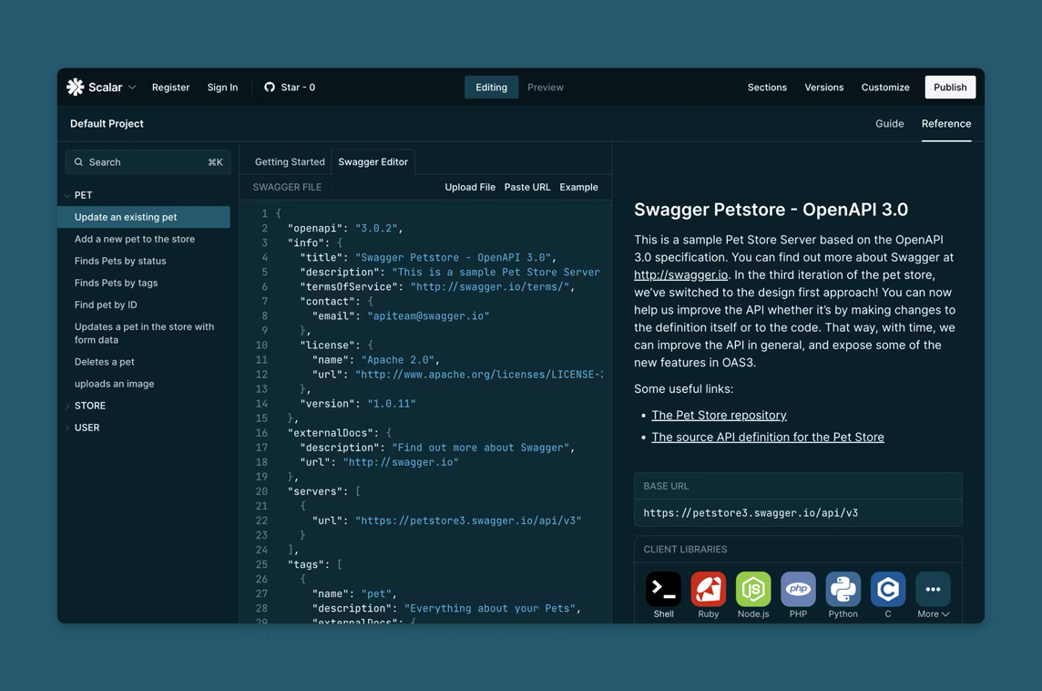 Scalar API References + Swagger Editor
